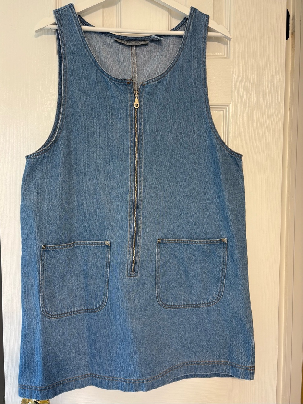 Sleeveless Blue Denim Midi Dress with Front Zip